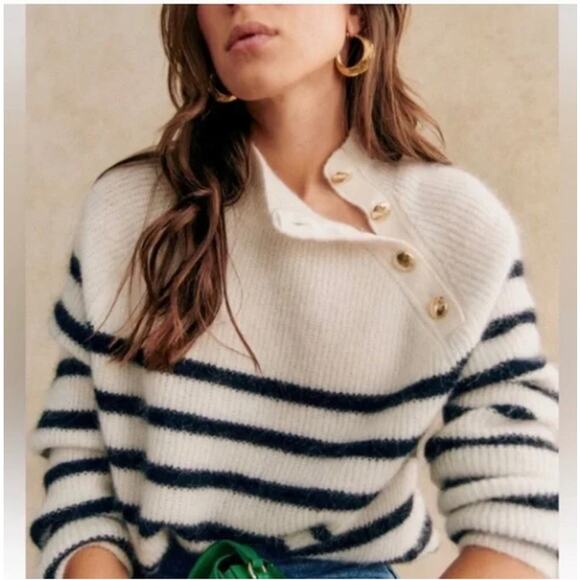 Sezane Sweaters - Sezane Trudy Jumper Wool Sweater Natural Navy White Striped Gold Button Small